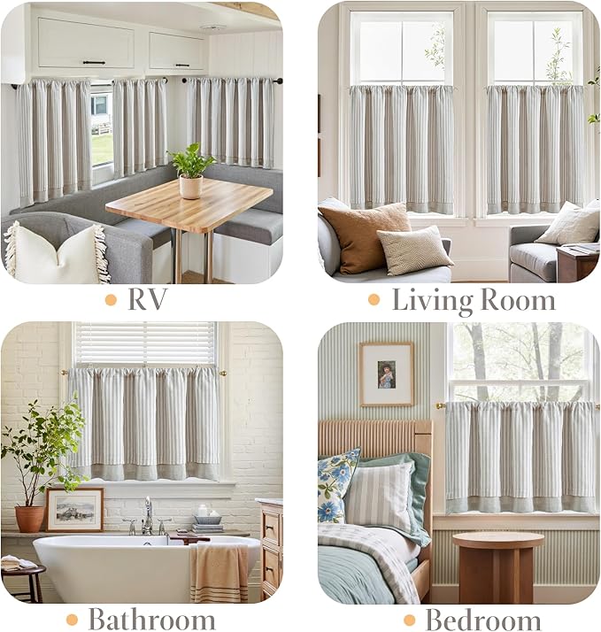 jinchan Double Layer Striped Linen Kitchen Tier Curtain Rustic Cafe - Image 5