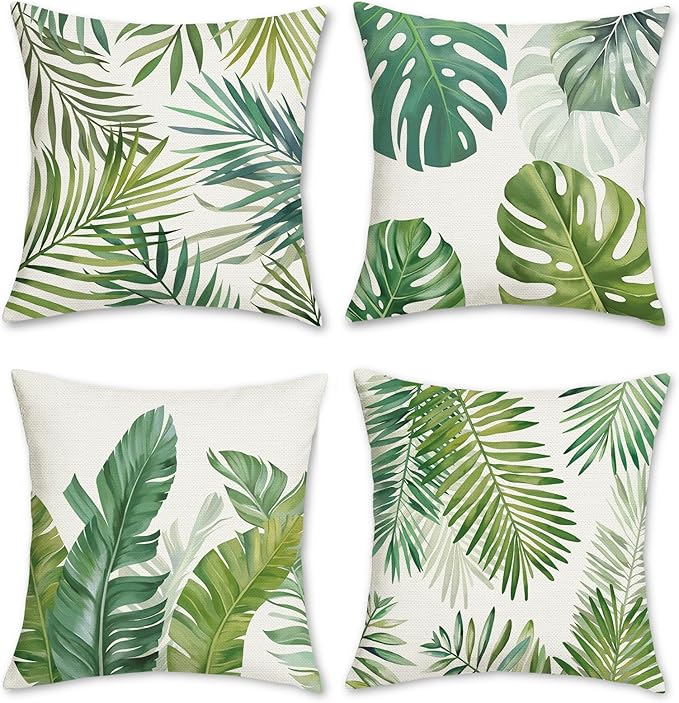Bonhause Tropical Leaves Throw Pillow Covers 18 x 18 Inch Green Palm Leaf by Bonhause