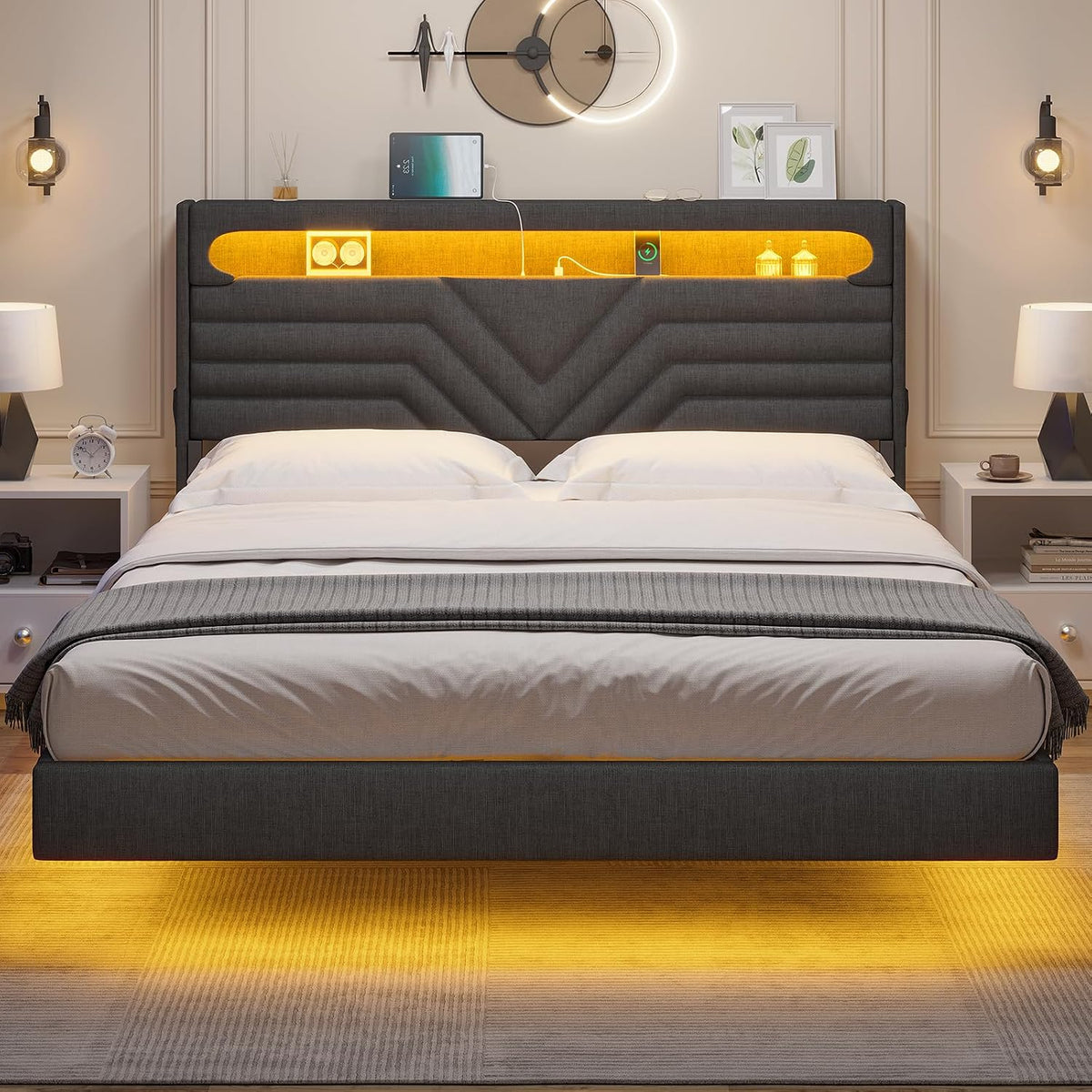 hauoms led floating bed frame full size with on a desk or shelf
