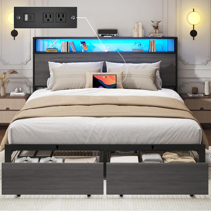 queen bed frame with charging station, led lights, main product view