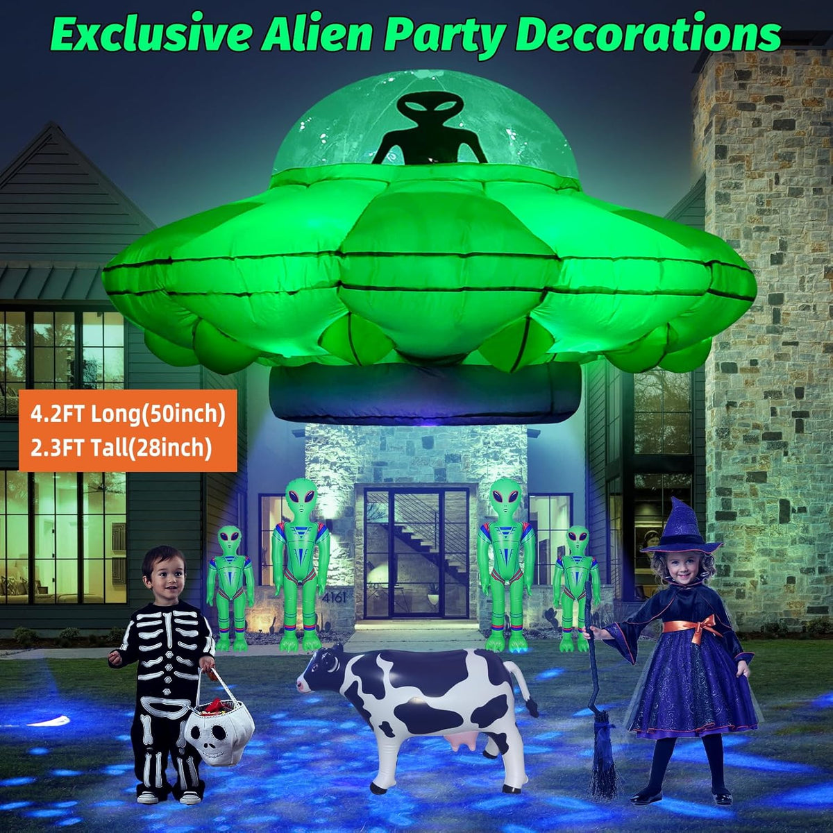 Alien Party Decorations 4.2FT Hanging Alien UFO Cow Abduction Inflatable with Cow&2pcs Jumbo Alien Halloween Inflatable UFO Built-in Green LED Blue&White Flashing Light Blow Up Yard Home Garden Decor