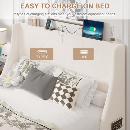 vecelo queen bed frame with upholstered wingback headboard, close-up detail
