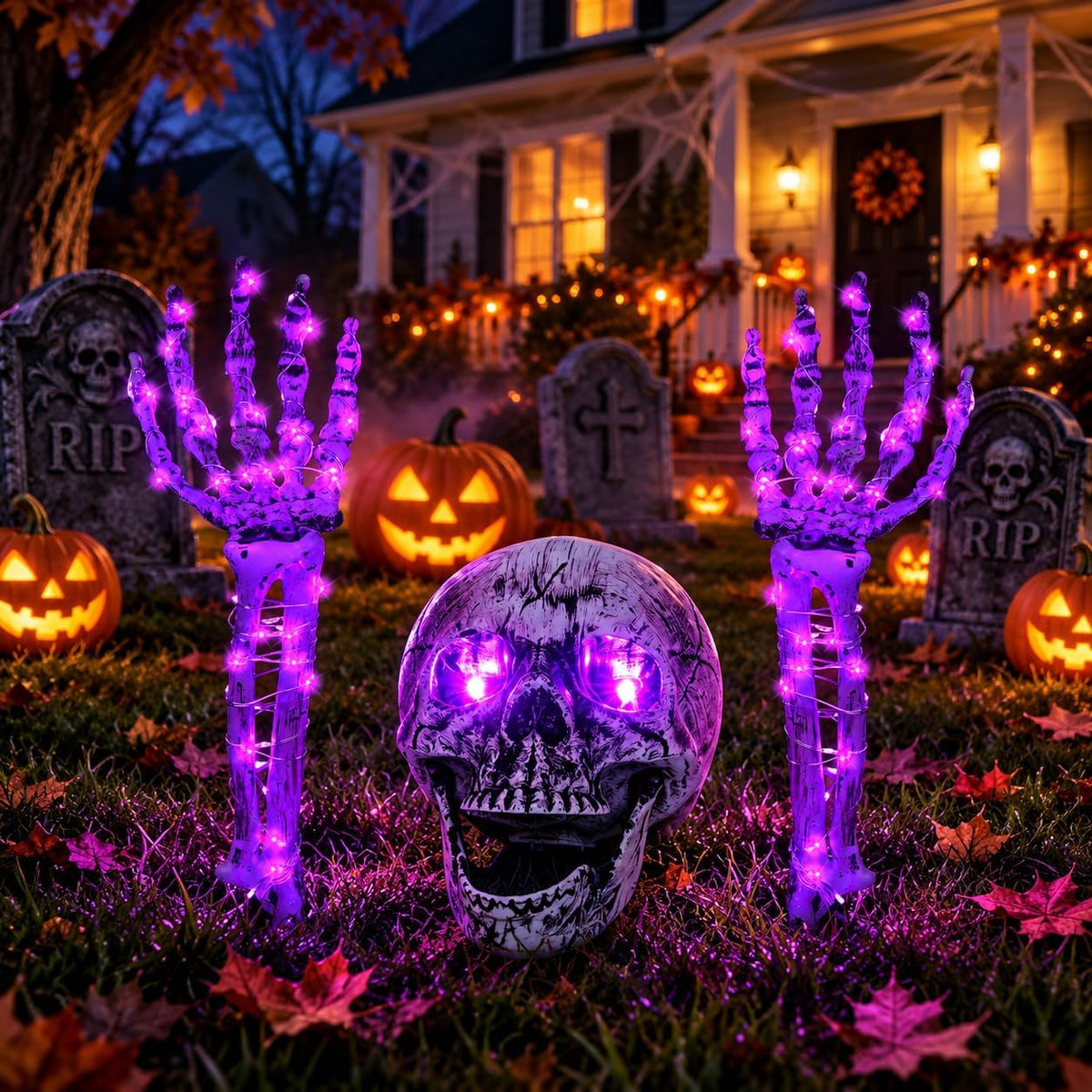 Halloween Skeleton Decorations Outdoor, Light Up Skull Head & Skeleton Hands Lights Stake with Purple LED, Battery Operated Halloween Yard Decor for Lawn, Garden, Graveyard, Haunted House & Party