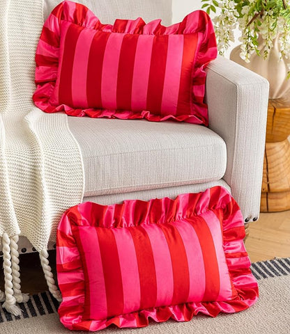 vctops Ruffle Lumbar Throw Pillow Covers Boho Pink and Red Striped Decorative - Image 3