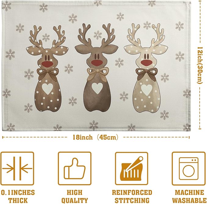 Christmas Reindeer Snowflakes Placemats Set of 4 Xmas Cute Elk Deer Place Mats - Image 4