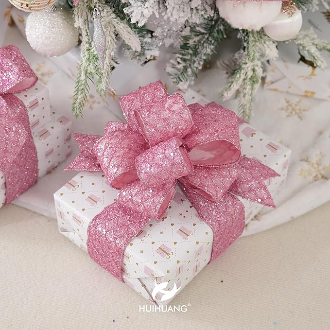 HUIHUANG Pink Wired Christmas Ribbon 4 inch Light Pink Glitter Wired Ribbon - Image 7