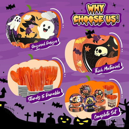 UJoyant 350 PCS Halloween Plates and Napkins Sets, Halloween Party Supplies Includes Disposable Plates Dessert Plates Napkins Cups Plastic Knives Forks Spoons Disposable Dinnerware Set (50 Guest)