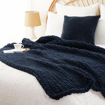 Battilo Navy Chunky Knit Throw Blanket, Soft and Thick Navy Blue Chenille Throw - Image 7