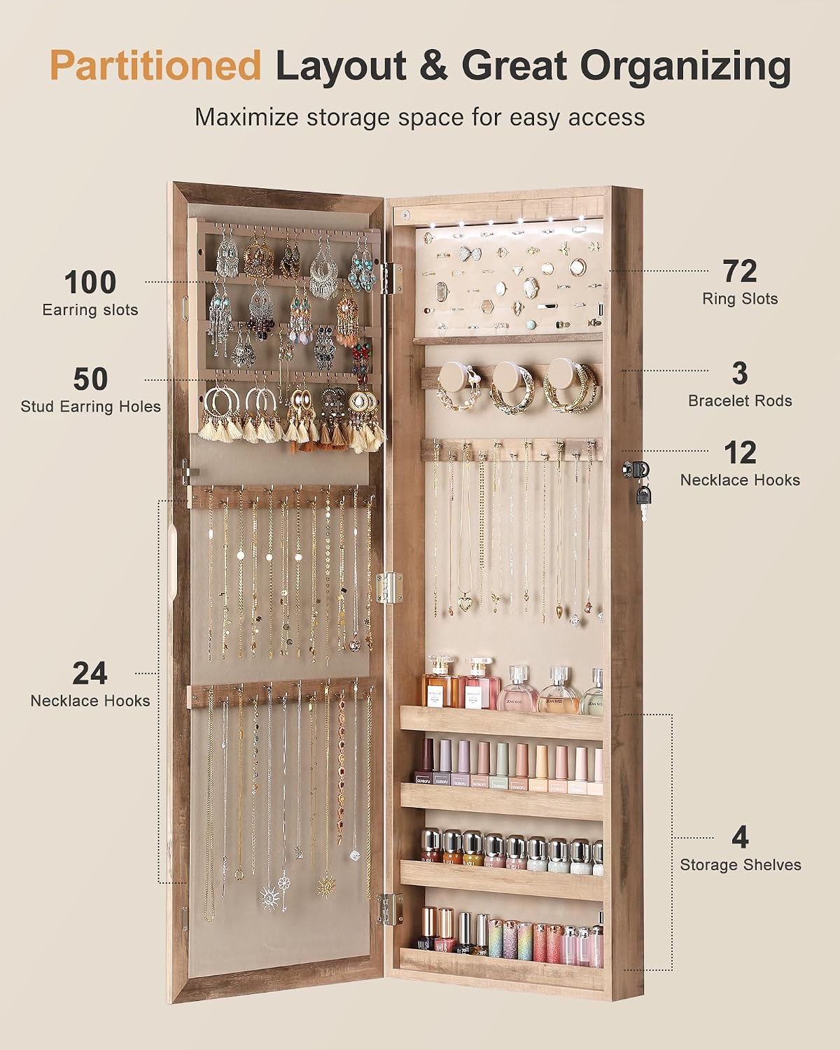 nicetree 6 leds jewelry armoire, hanging mirror jewelry, side view