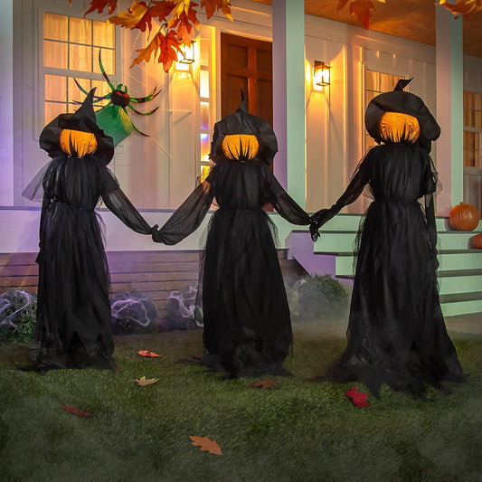 Evergreen Set of 3 LED Black Halloween Witches with Hats Stakes | 4 Feet Tall | Weatherproof Battery Operated | Spooky Garden Statue Outdoor Decoration Grass Lawn or Patio