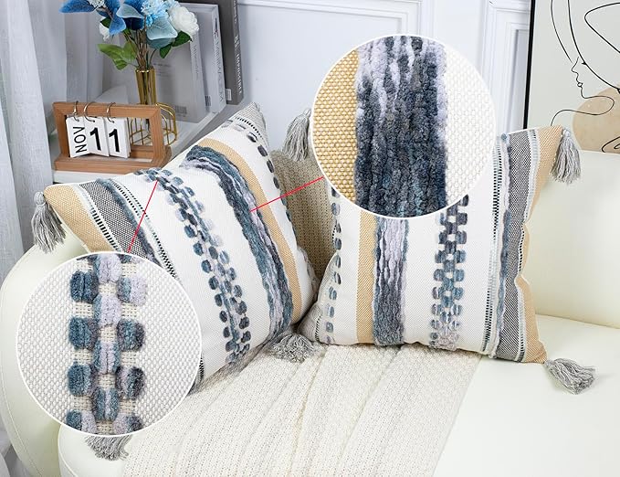 PANOD Chenille Farmhouse Throw Pillow Covers 16 x 16 Light Grey, Neutral Boucle - Image 3