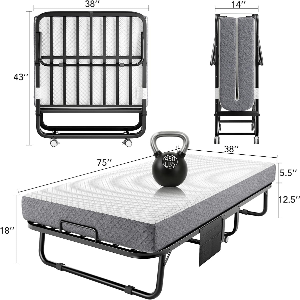 decofy folding bed, portable foldable bed with movable, close-up detail