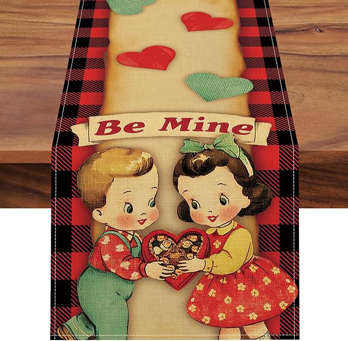 Vintage Valentines Day Kids Dining Table Runner, Retro Boy Girl Red Blue Love by Croar