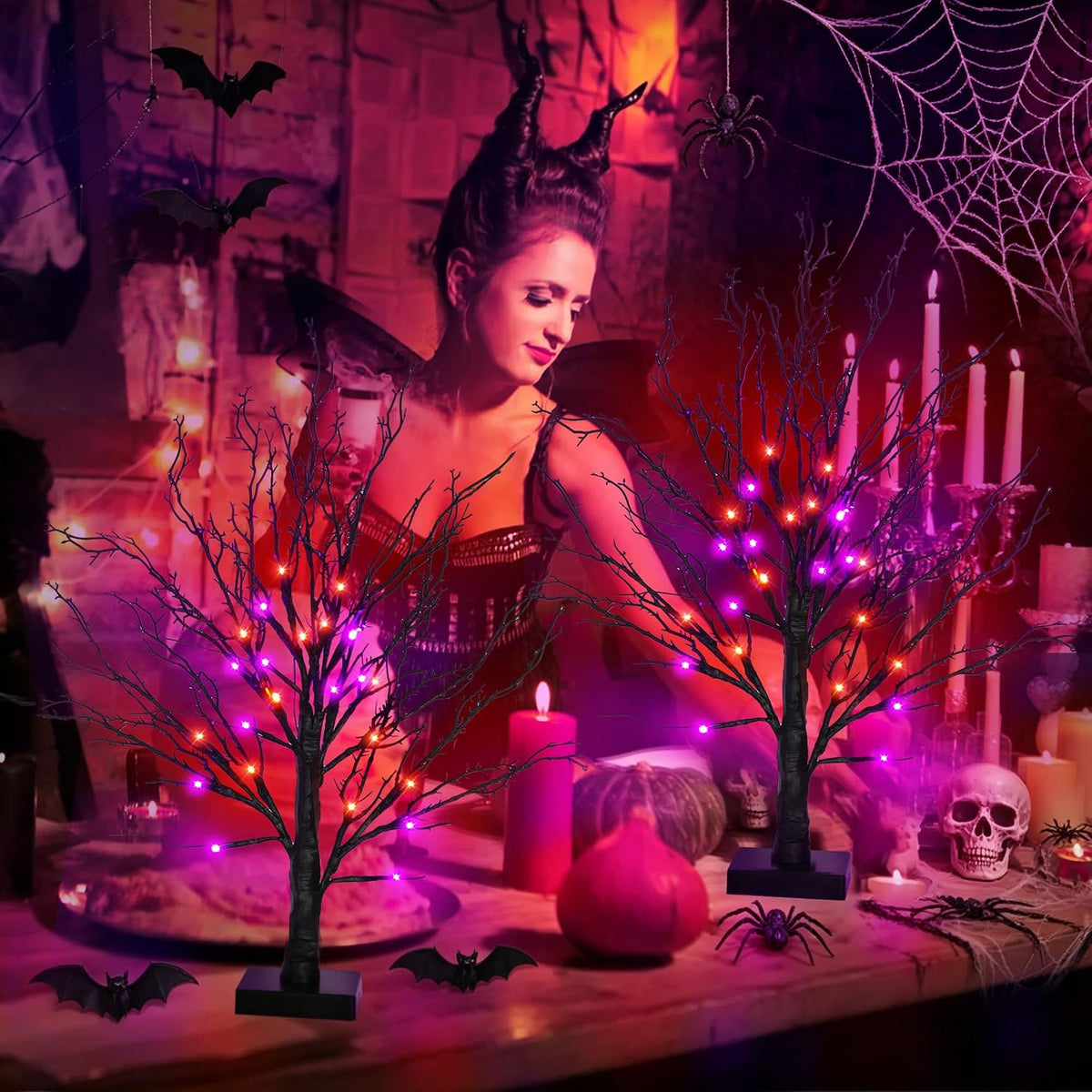 2 Pack 24 Inch Black Halloween Tree with 24 LED Orange Purple Lights, USB Battery Operated Halloween Table Decorations Tree Light with Timer, Scary Halloween Decorations Indoor for Home Party Decor