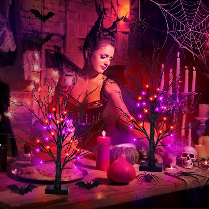 2 Pack 24 Inch Black Halloween Tree with 24 LED Orange Purple Lights, USB Battery Operated Halloween Table Decorations Tree Light with Timer, Scary Halloween Decorations Indoor for Home Party Decor