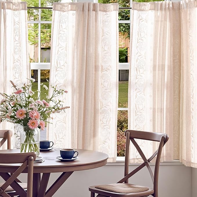 jinchan Winslow Linen Curtains 54 Inch Length Small Window Curtains Embroidered - Image 3