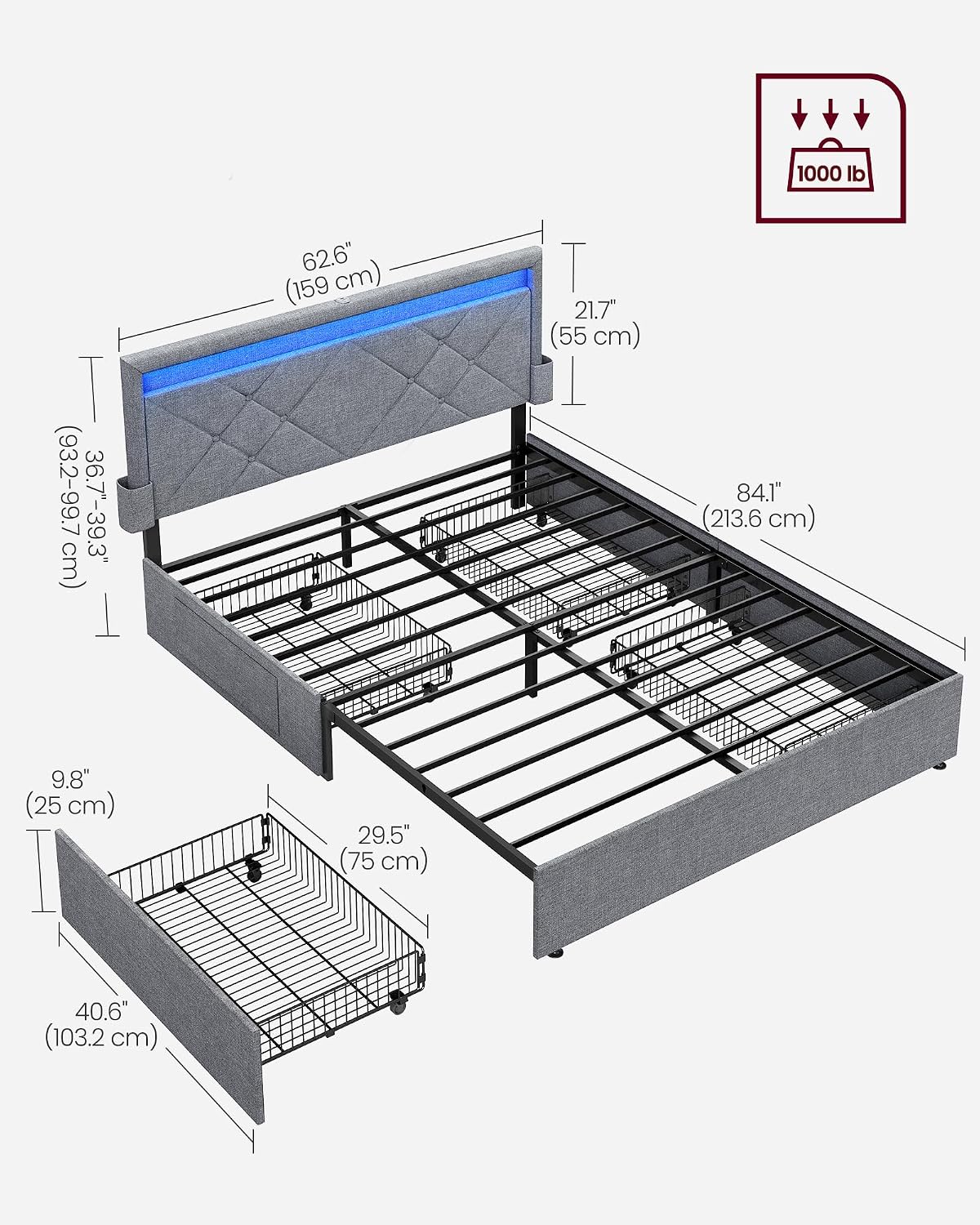 vasagle queen bed frame, 4 storage drawers on, package contents