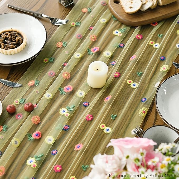Artoid Mode Green Embroidery Daisy Gauze Table Runner 120 Inch 10FT, Seasonal - Image 6