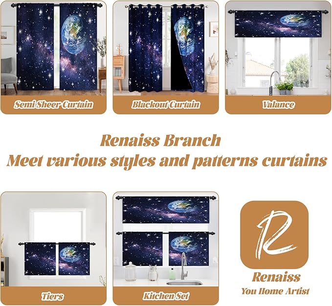 Renaiss 42 x 63 Inch Earth Galaxy Bedroom Window Curtains Outer Space View - Image 8