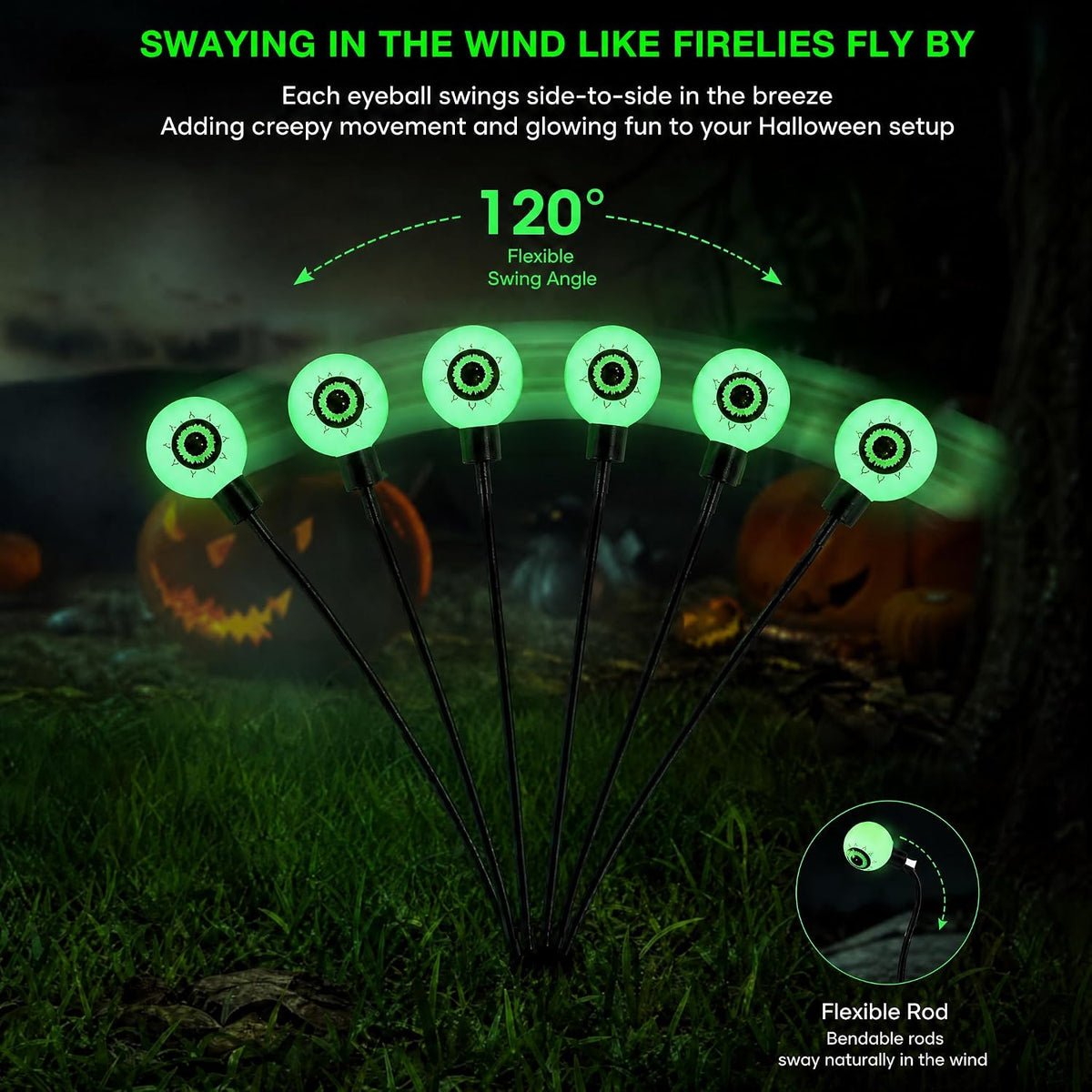 Dazzle Bright Halloween Decorations Outdoor, 6 Pack 36LED Solar Eyeball Pathway Lights, Scary Waterproof Solar Green Firefly Lights for Garden Lawn Yard Decor