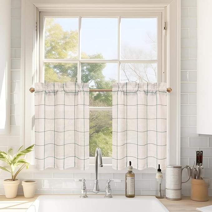 DriftAway Kitchen Curtains Striped Tier Linen Short Curtains Windowpane Plaid by DriftAway