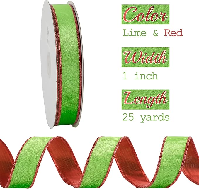 MEEDEE Lime Green and Red Velvet Christmas Ribbon - Image 2