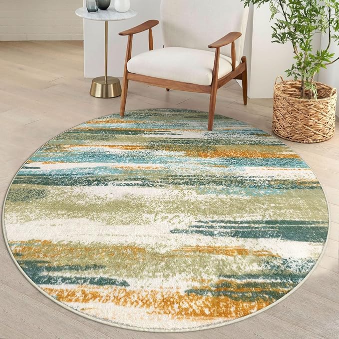 Modern Abstract Round Rug 5Ft, Soft Circular Dining Room Rug Thin Print Faux by lansny