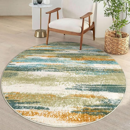 Modern Abstract Round Rug 5Ft, Soft Circular Dining Room Rug Thin Print Faux by lansny