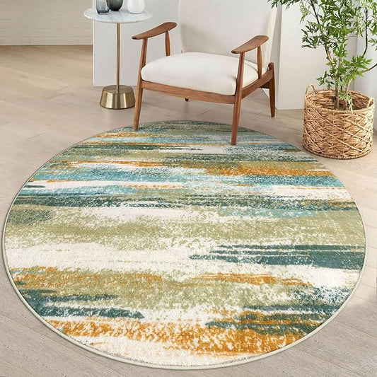 Modern Abstract Round Rug 5Ft, Soft Circular Dining Room Rug Thin Print Faux by lansny