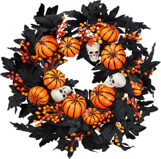 Sggvecsy Halloween Wreath with Artificial Pumpkin Handmade Black Maple Leave Skull Pumpkin Orange Berries 20''Front Door Decorations for Indoor Outdoor Home Halloween Festival Decoration
