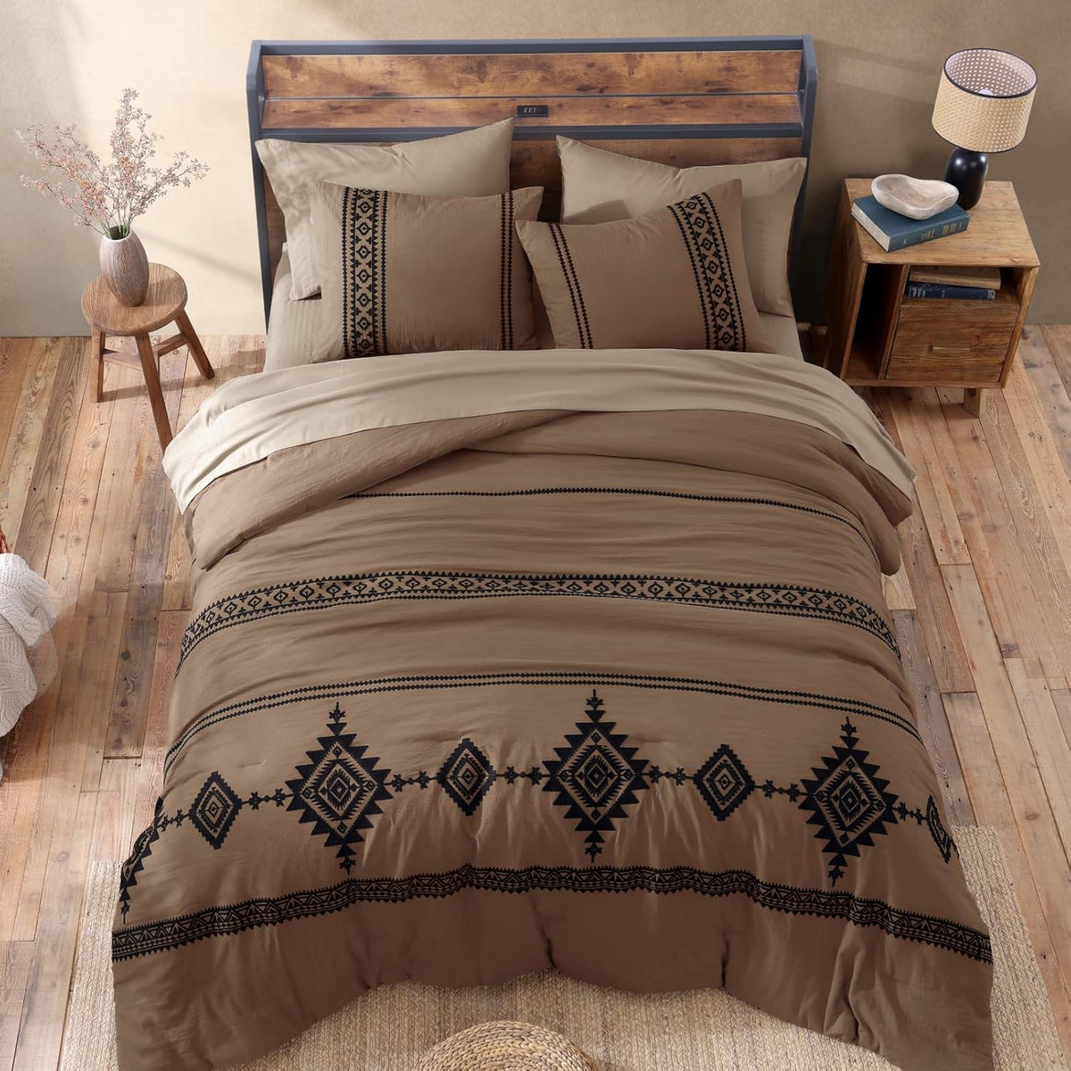 mairêve embroidery queen comforter set 7 pieces brown, side view