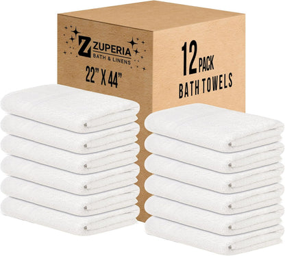 zuperia white bath towels bulk 12 pack (22 shown in use