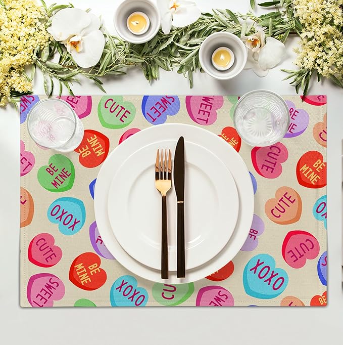 Valentine Pink Love Heart Candy Placemats Set of 4 Valentines Seasonal Table - Image 3