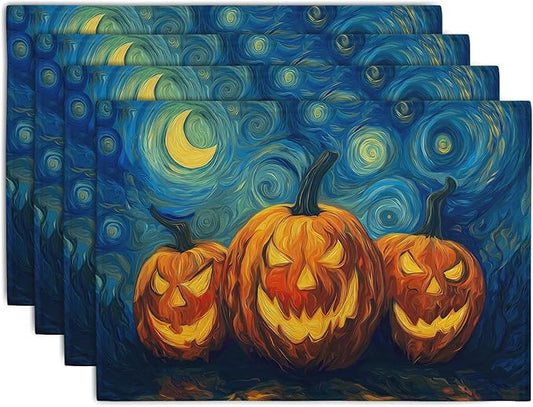 Halloween Placemats Set of 4 Pumpkin Vincent Van Gogh Starry Night Art Linen by Wnoesat