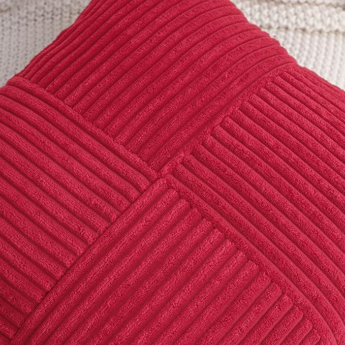 HWY 50 Red Corduroy Patchwork Throw Pillow Covers 18x18 Inch, Soft Cozy - Image 3