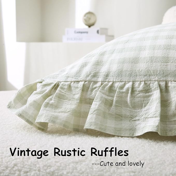 2 Pack Pile Green White Plaid Ruffle Gingham Throw Pillow Covers, 100% Washed - Image 4
