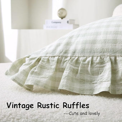 2 Pack Pile Green White Plaid Ruffle Gingham Throw Pillow Covers, 100% Washed - Image 4