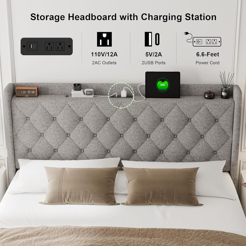 Feonase Full Size Bed Frame with Storage & Charging Station - Hydraulic L...