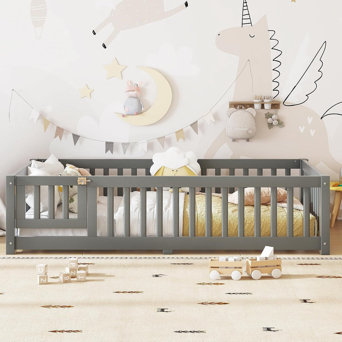 twin size montessori floor bed with door, slats, close-up detail