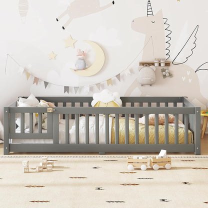 twin size montessori floor bed with door, slats, close-up detail