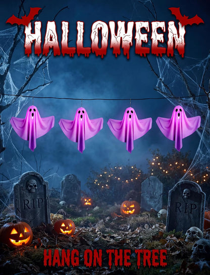 11.5FT Halloween Ghost Pathway Lights Outdoor, 4 Pack Purple Ghost Decor