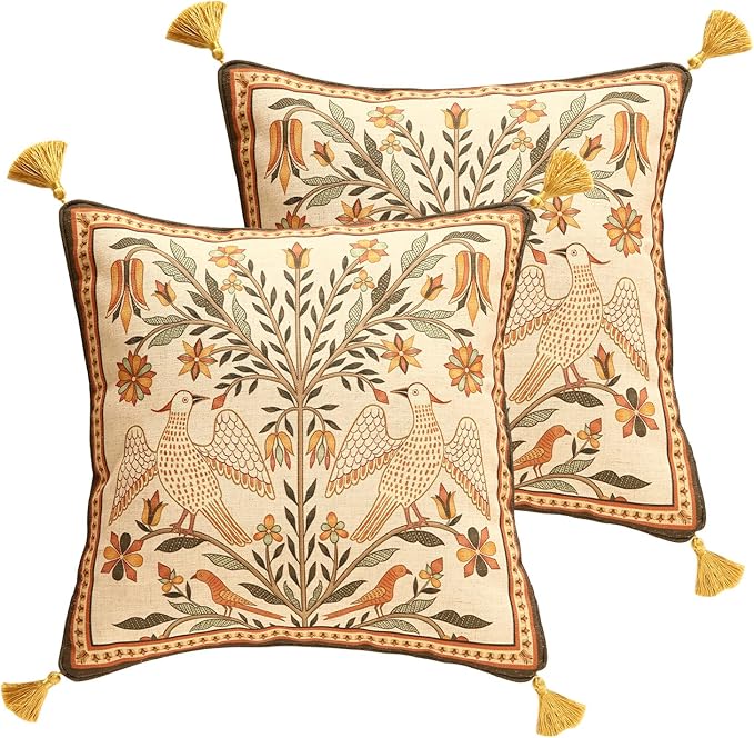 Brown Throw Pillow Covers Set of 2, Floral Farmhouse Yellow Birds Flower by bilingaier