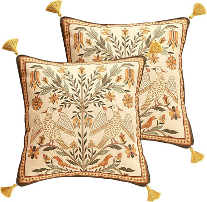 Brown Throw Pillow Covers Set of 2, Floral Farmhouse Yellow Birds Flower by bilingaier