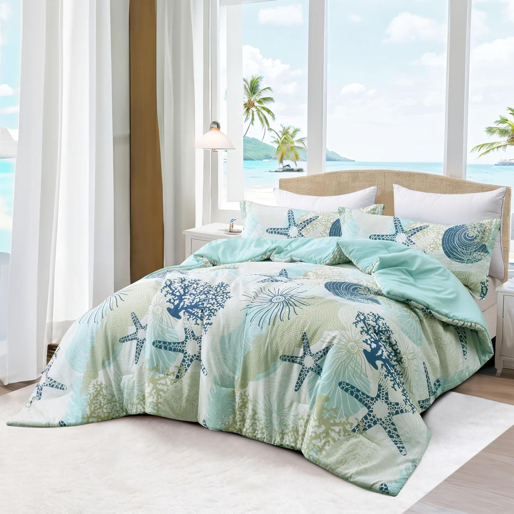Coastal Comforter Set King Size 3 Piece, Soft Beach Themed Comforter, Ocean N...