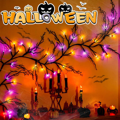 [8 Modes & Timer] 9 Ft 72 LED Halloween Willow Vine Twig Garland with Orange Purple Lights Battery Operated Indoor/Outdoor Wall Fireplace Mantle Halloween Decorations