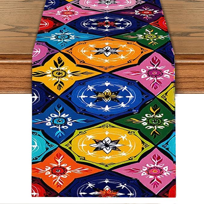 Colorful Mexican Talavera Style Table Runner – Hand-Painted Ceramic Tile Design by THISFIND
