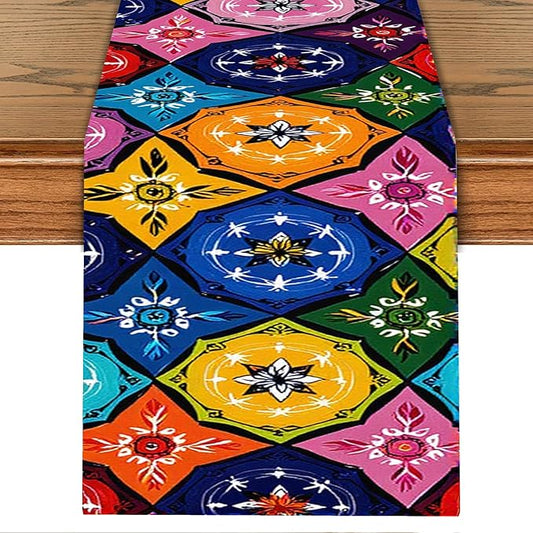 Colorful Mexican Talavera Style Table Runner – Hand-Painted Ceramic Tile Design by THISFIND