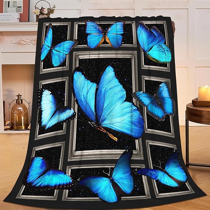 Blue Butterfly Blanket Butterflies Throw Blanket Butterfly Flannel Stuff Merch by Unknown