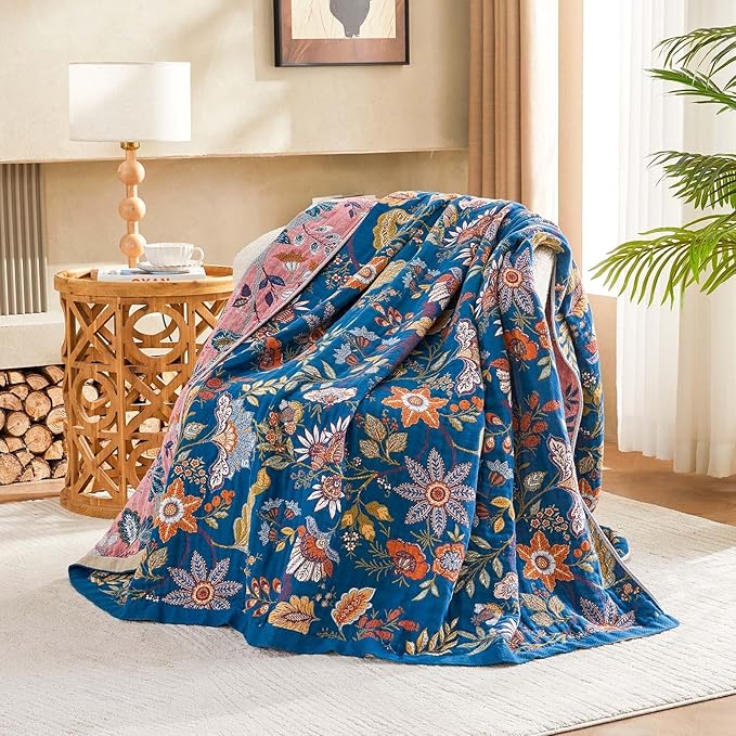 Fall Throw Blanket for Couch, 100% Cotton Muslin Breathable Woven Farmhouse - Image 2