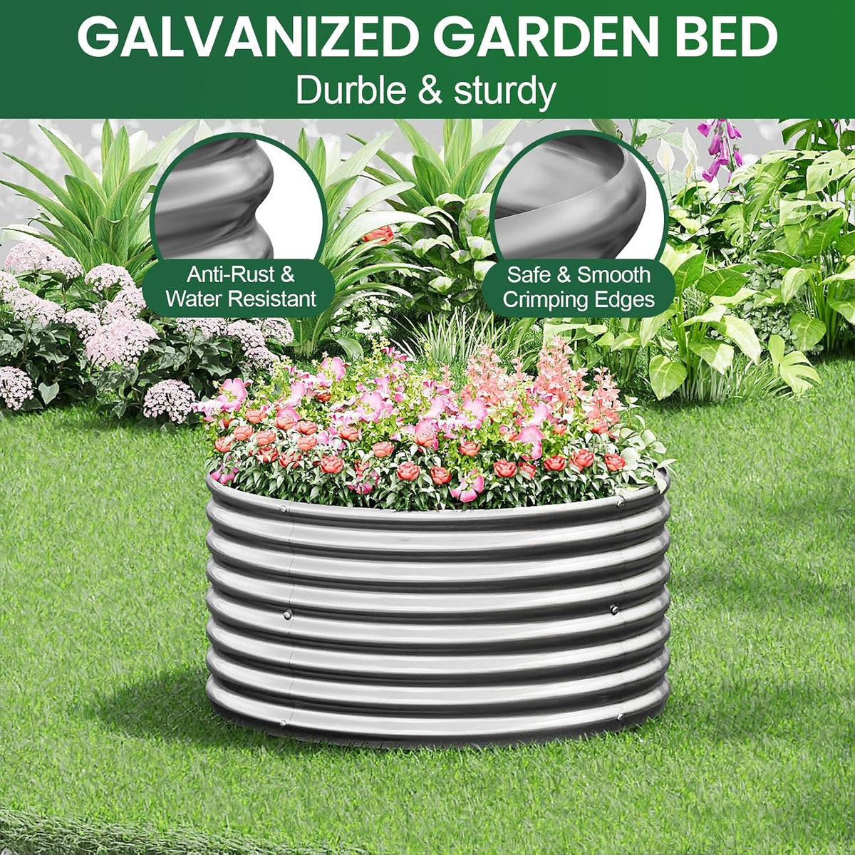 3x3ft round galvanized raised garden bed outdoor, metal showing dimensions